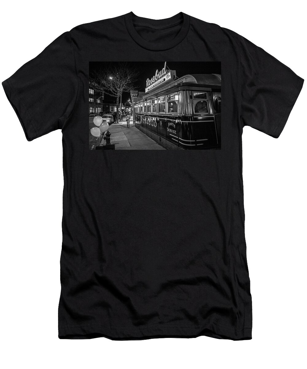Davis T-Shirt featuring the photograph Rosebud Davis Square Somerville Black and White by Toby McGuire