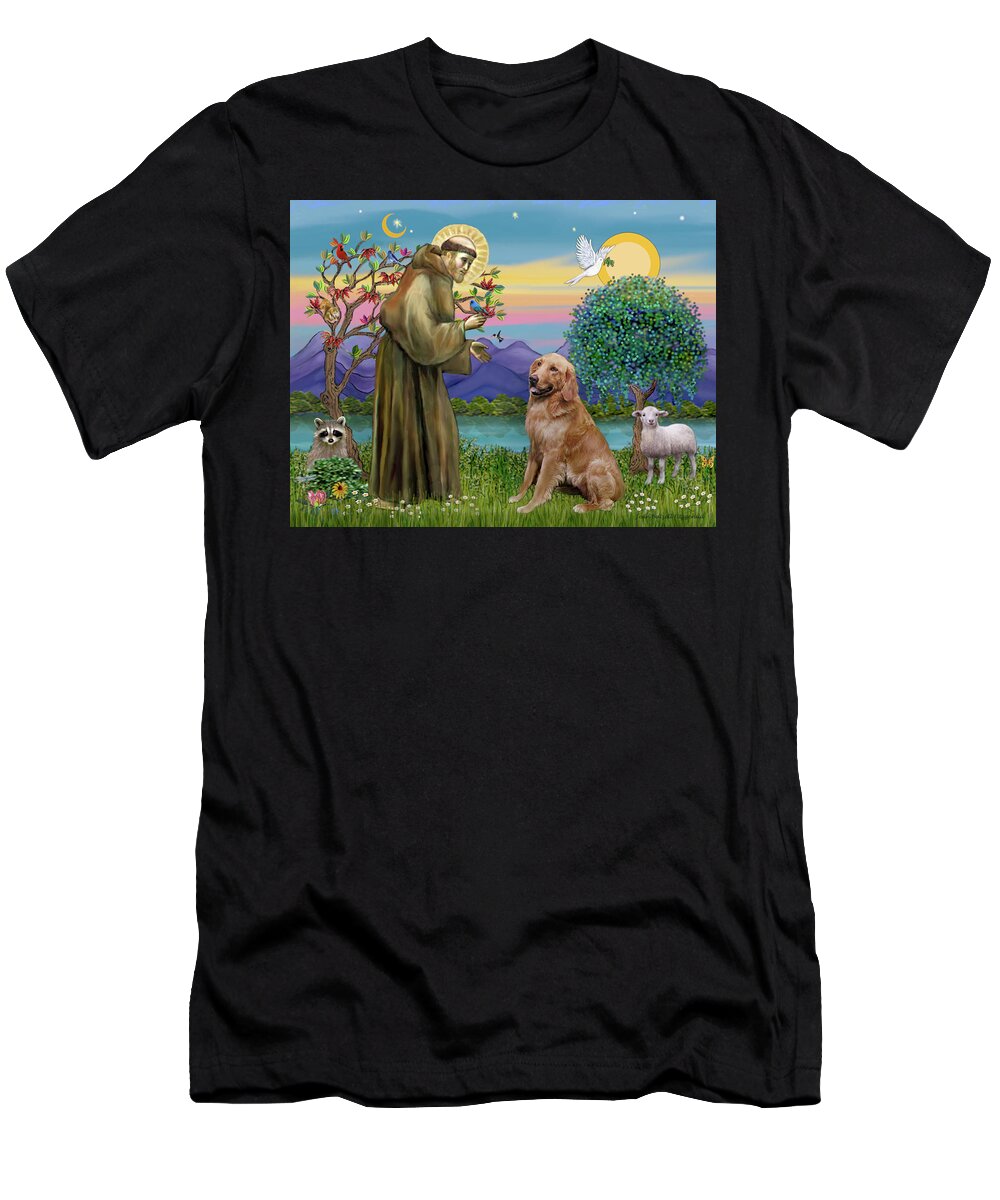 Animals T-Shirt featuring the digital art Saint Francis Blesses a Golden Retriever by Jean Batzell Fitzgerald