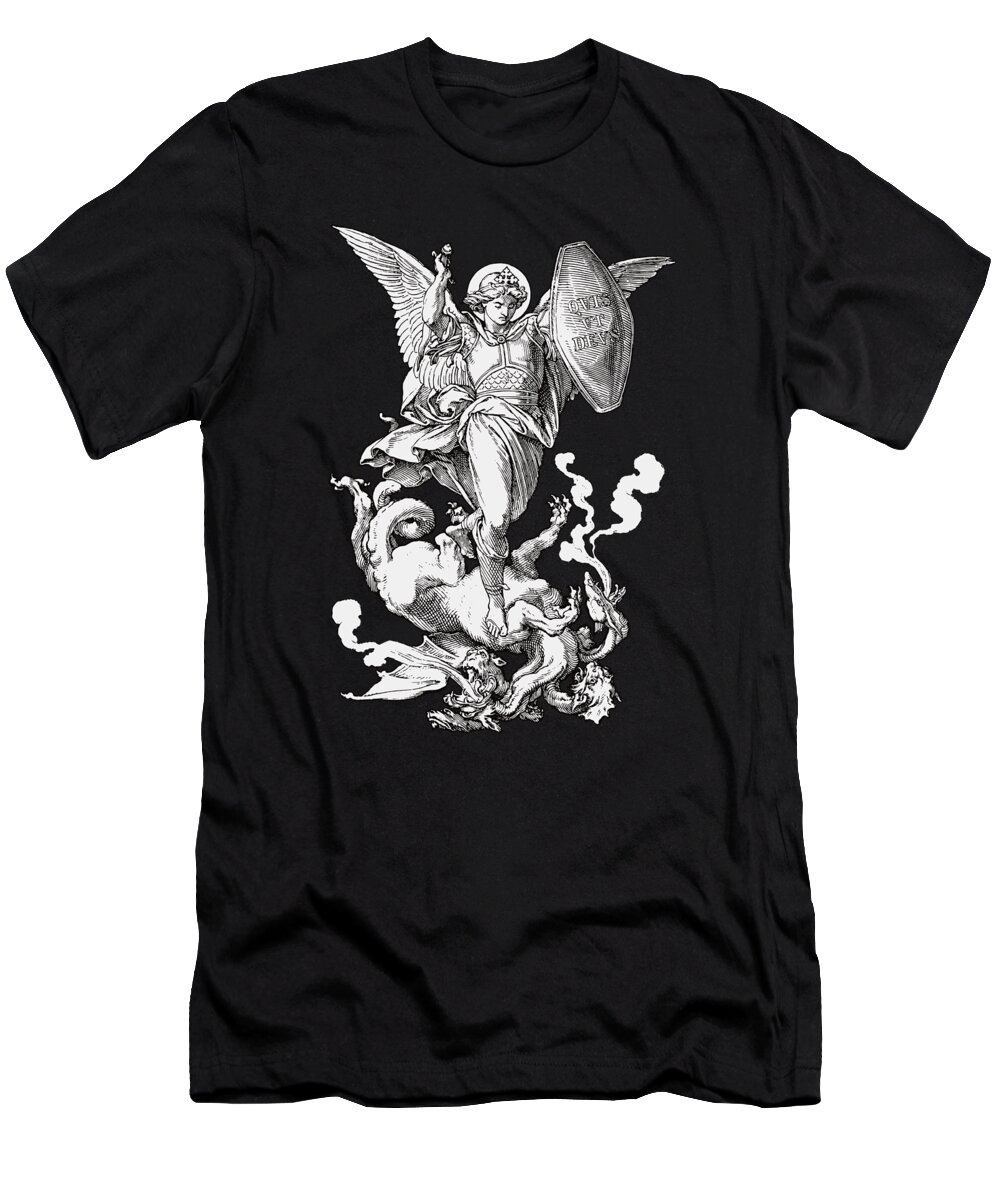 Michael T-Shirt featuring the digital art Saint Michael Fighting the Dragon by Beltschazar