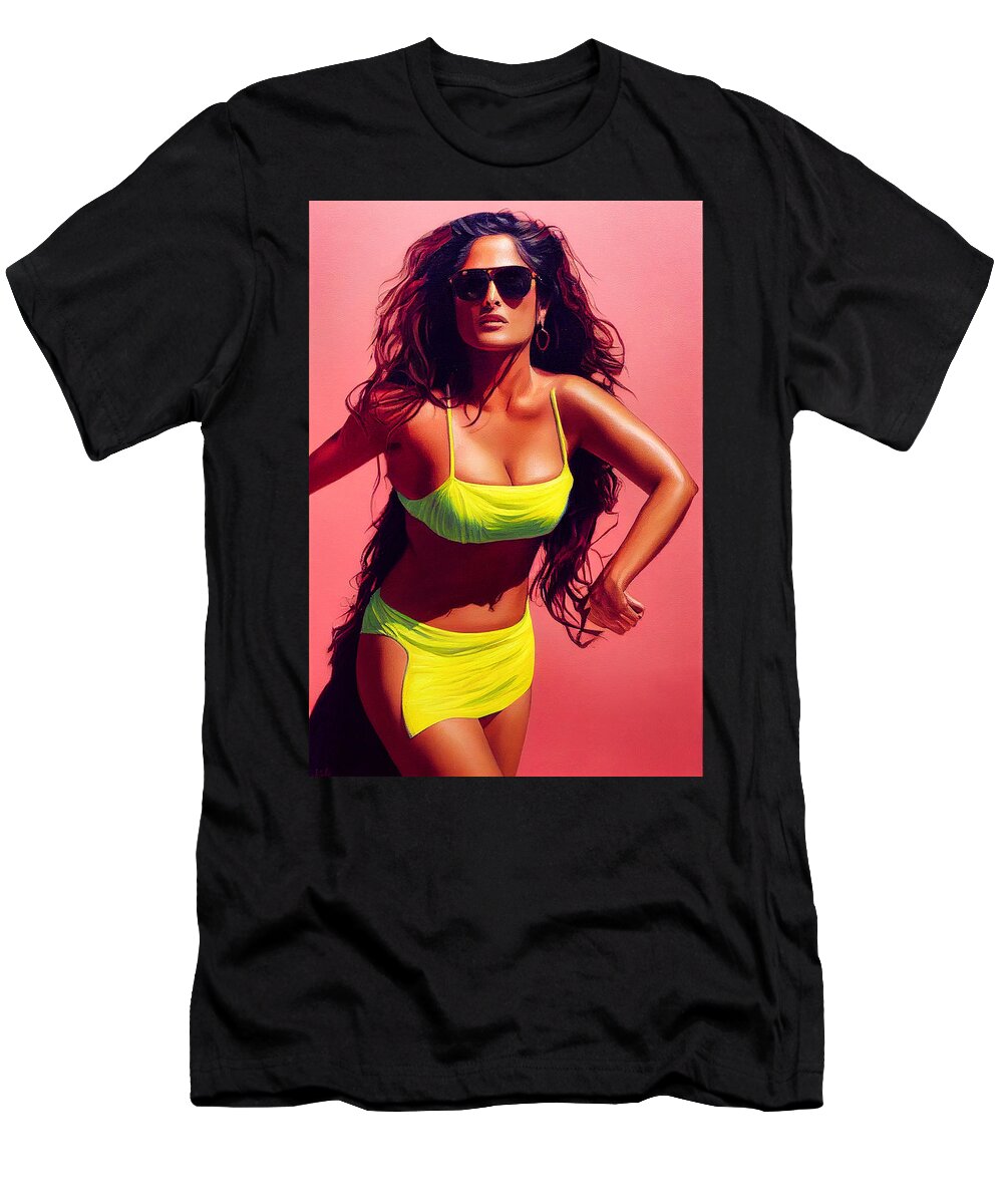 Salma Hayek T-Shirt featuring the digital art Salma Hayek Yellow Bikini by Craig Boehman