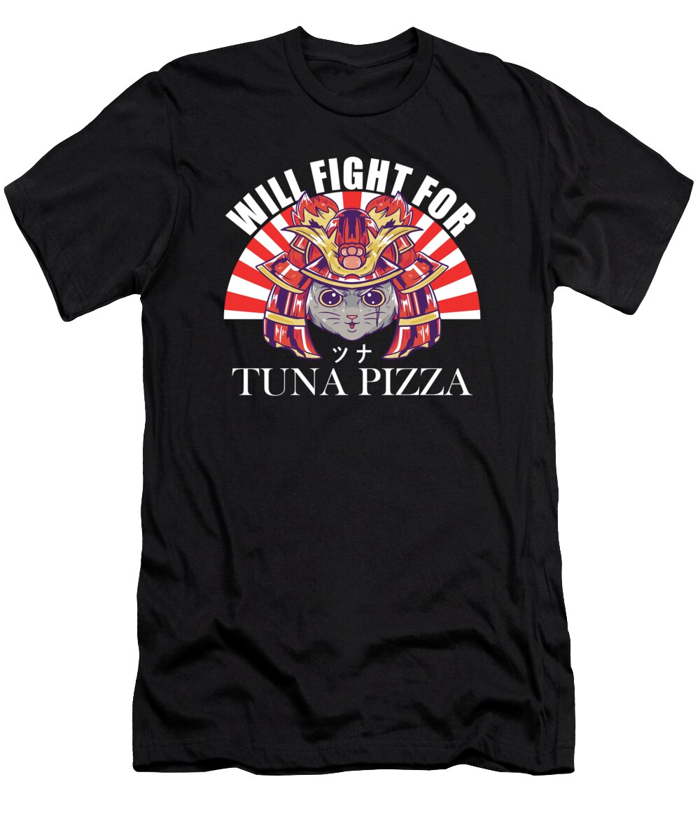 Samurai Cat T-Shirt featuring the digital art Samurai Cat will fight for Tuna Pizza by Me