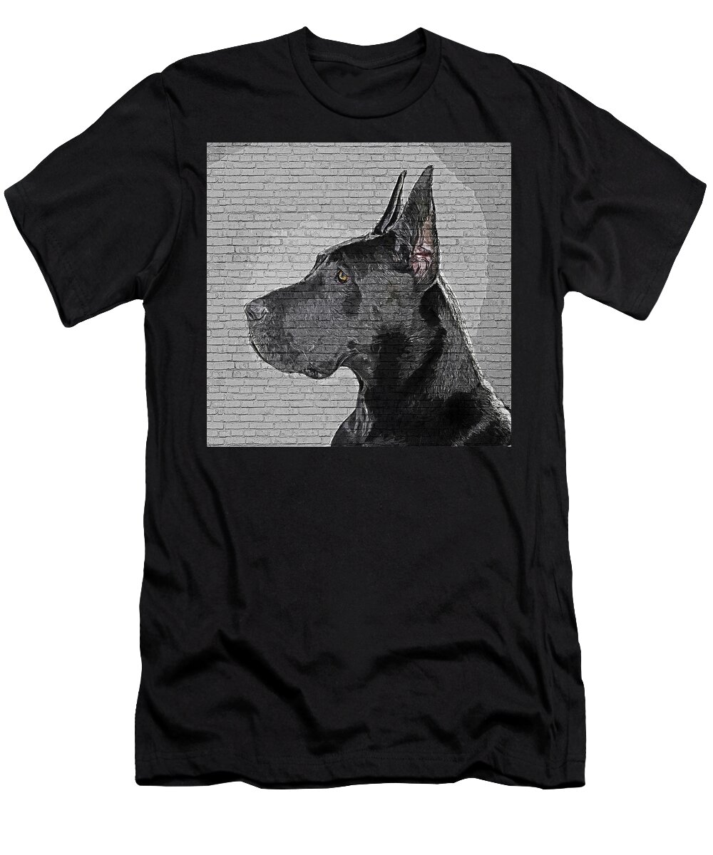 Great Dane T-Shirt featuring the painting Savage and Cool, Great Dane Dog - Brick Block Background by Custom Pet Portrait Art Studio