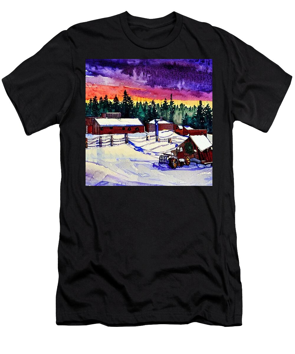 Ramapo T-Shirt featuring the painting Sawmill at Ramapo in Winter by Christopher Lotito