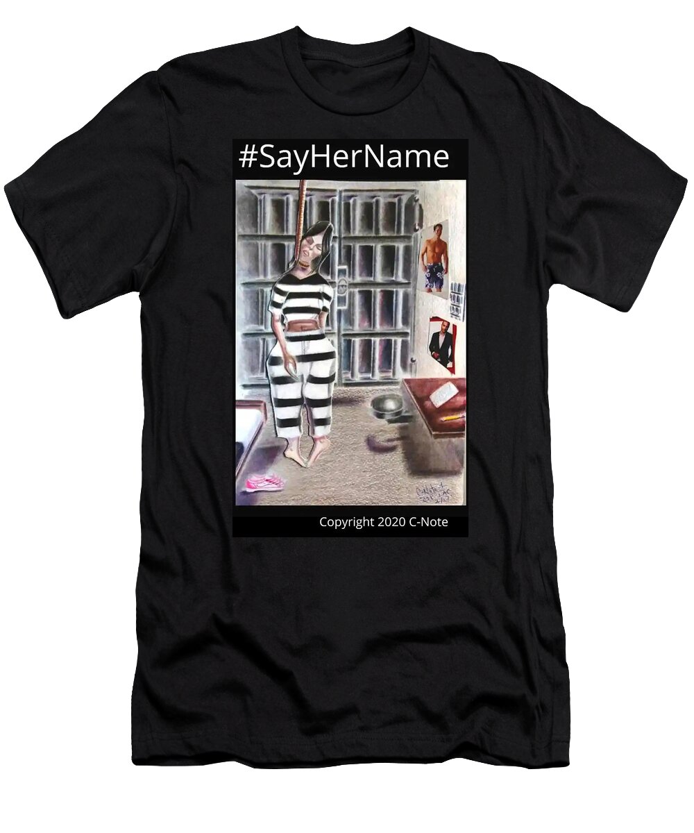 Black Art T-Shirt featuring the drawing SayHerName by Donald C-Note Hooker