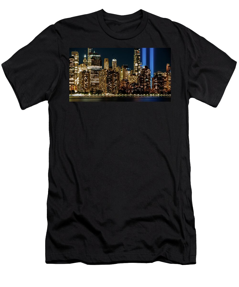 September 11 Tribute Lights T-Shirt featuring the photograph September 11 Tribute Lights and the Lower Manhattan Skyline by Alina Oswald