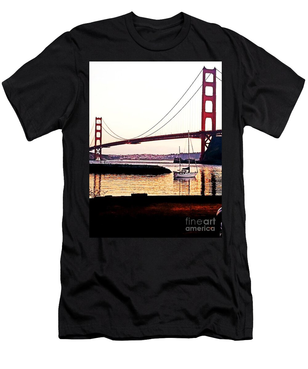 Golden Gate Bridge T-Shirt featuring the painting SF Fog Meets October Sunset by Artist Linda Marie