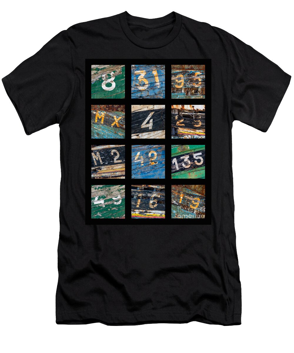 Numbers T-Shirt featuring the photograph Shipwrecks numbers vertical collage by Delphimages Photo Creations