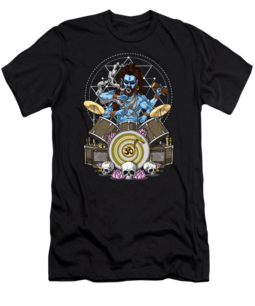 Hindu T-Shirt featuring the digital art Shiva Heavy Metal Drummer by Nikolay Todorov