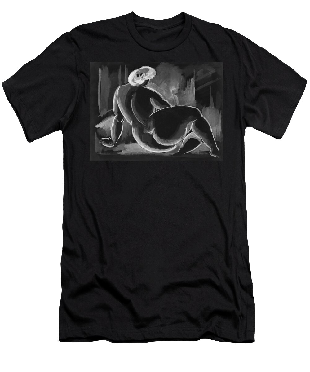 Sitting T-Shirt featuring the drawing Sitting Female Nude Chalk Drawing Vintage Erotic Illustration by Mounir Khalfouf