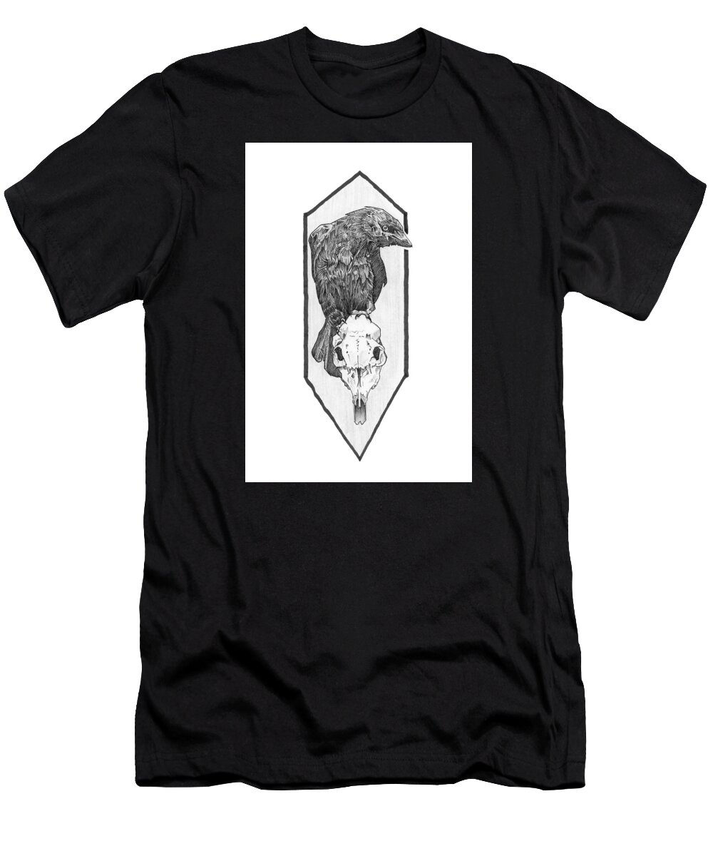 Crow T-Shirt featuring the drawing Skull and Crow by Tiffany DiGiacomo