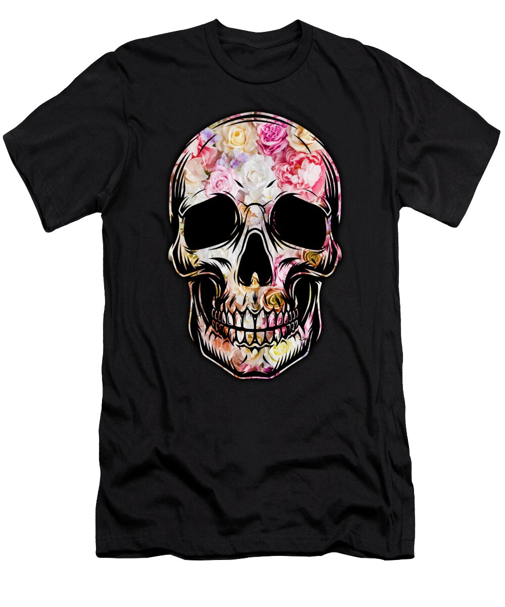 Skull T-Shirt featuring the painting Skull Flowers Floral T-Shirt by Tony Rubino
