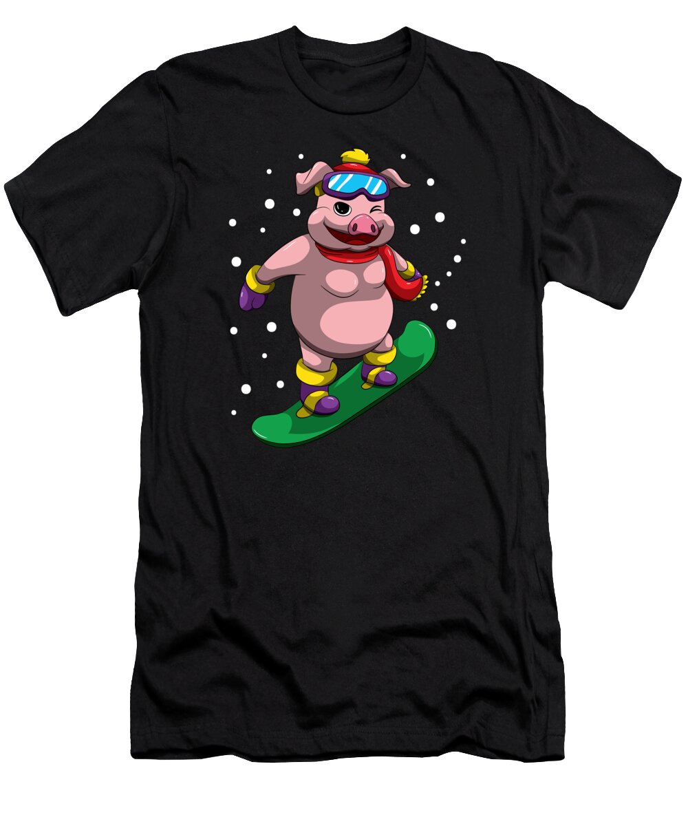 Apres Ski T-Shirt featuring the digital art Snowboarding Pig Apres Ski Piglet Winter Snow by Mister Tee