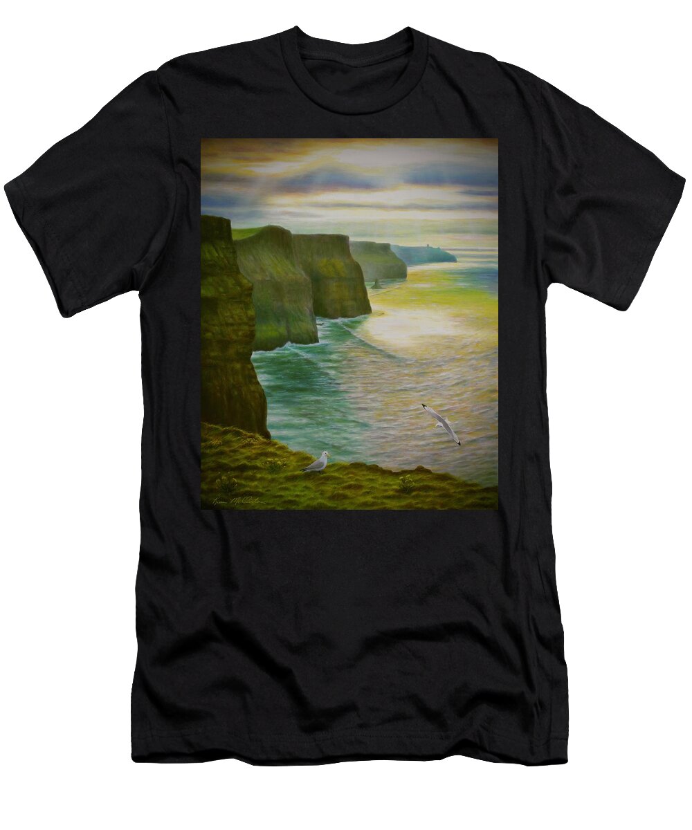 Kim Mcclinton T-Shirt featuring the painting Soaring at the Cliffs of Moher by Kim McClinton