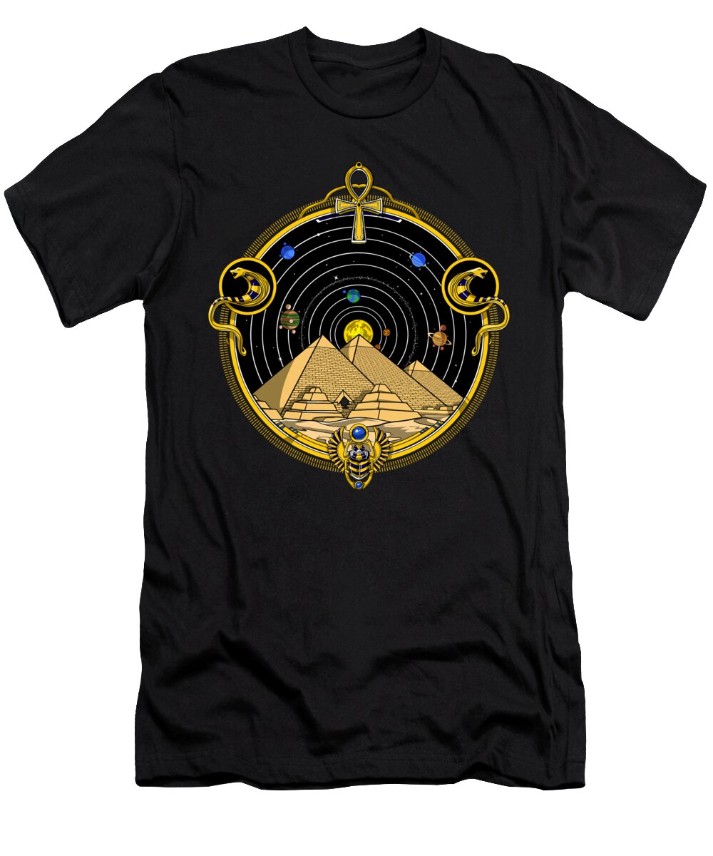 Sacred Geometry T-Shirt featuring the digital art Solar System Egyptian Pyramids by Nikolay Todorov