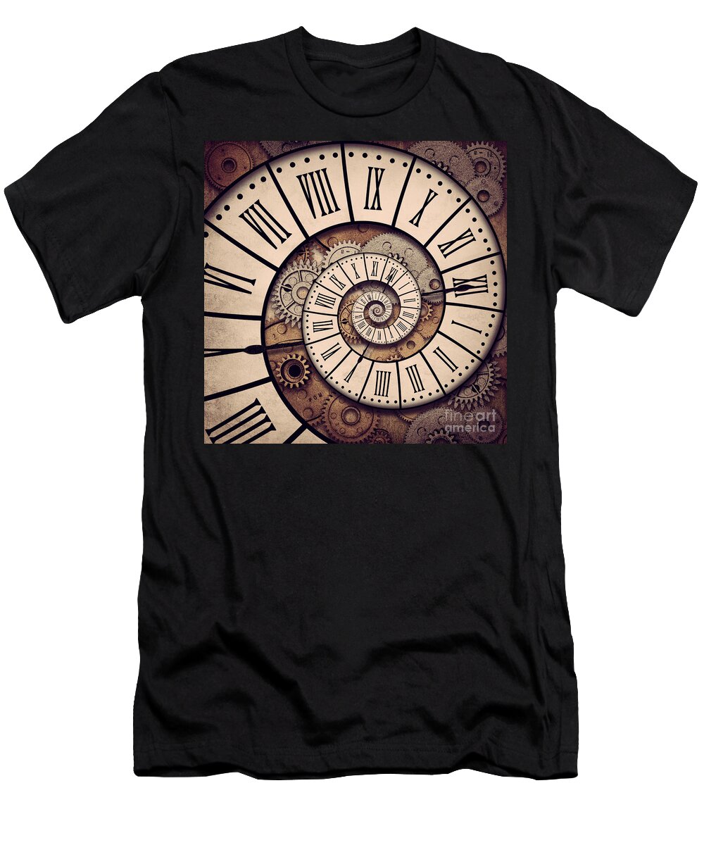 Time T-Shirt featuring the photograph Spiral of time, vintage clock and gears by Delphimages Photo Creations