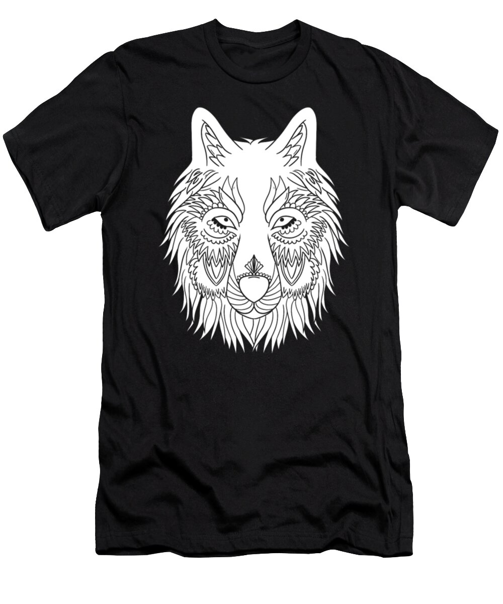 Mandala T-Shirt featuring the digital art Spiritual Wolf Dog Mandala Tattoo Design by Tinh Tran Le Thanh