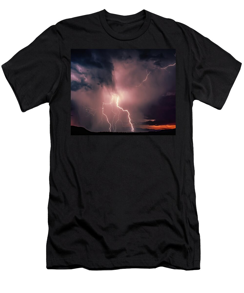 Sedona Arizona Monsoon Lightning Storm Sunset Photo T-Shirt featuring the photograph Split Lightning Sunset by Heber Lopez