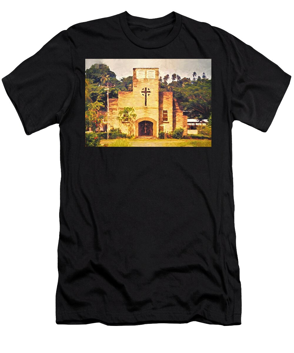 Gizo T-Shirt featuring the mixed media St Peter's Cathedral in Gizo by Joan Stratton