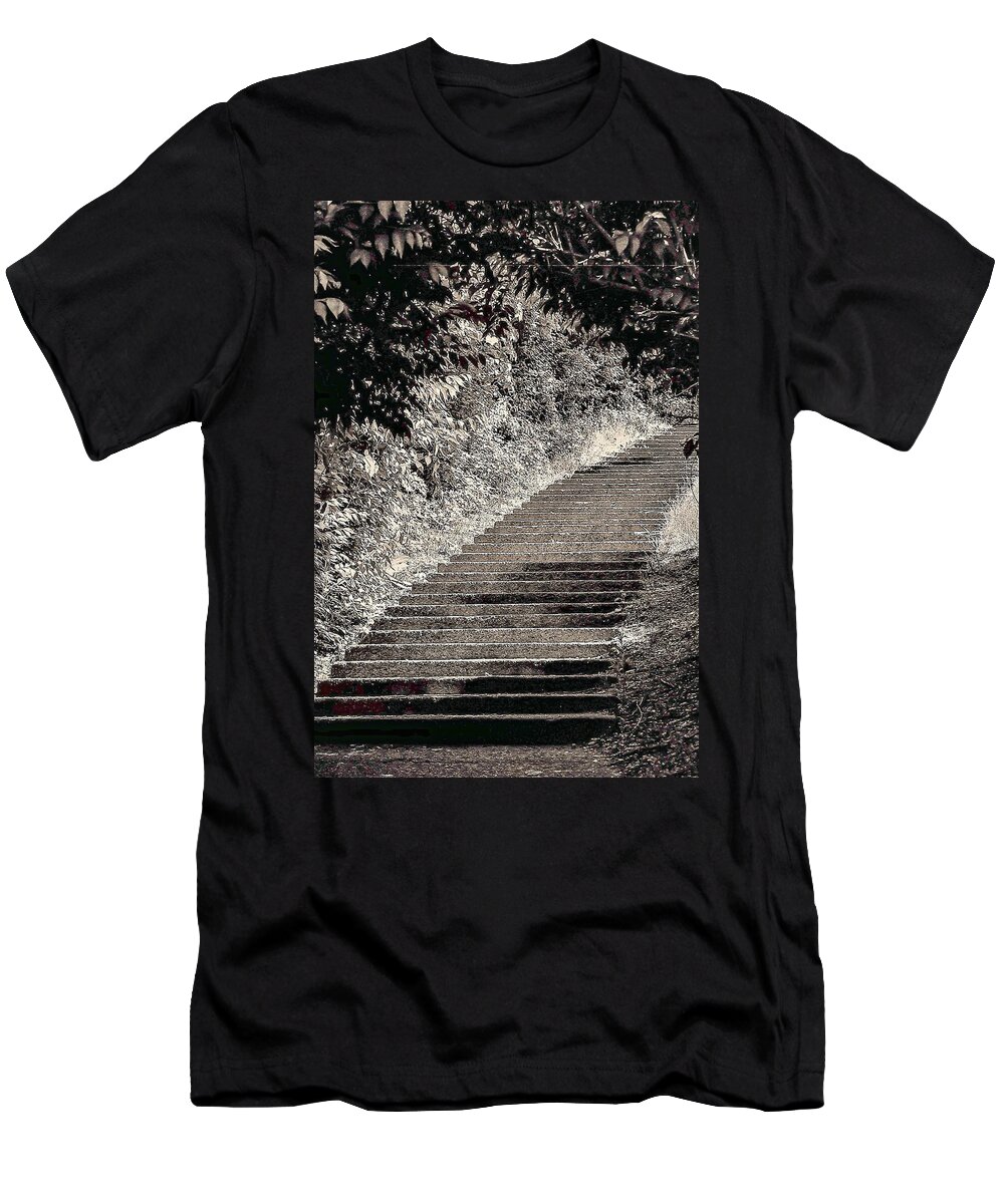 Stairs B&w Outdoors Bushes T-Shirt featuring the photograph Stairs1 by John Linnemeyer