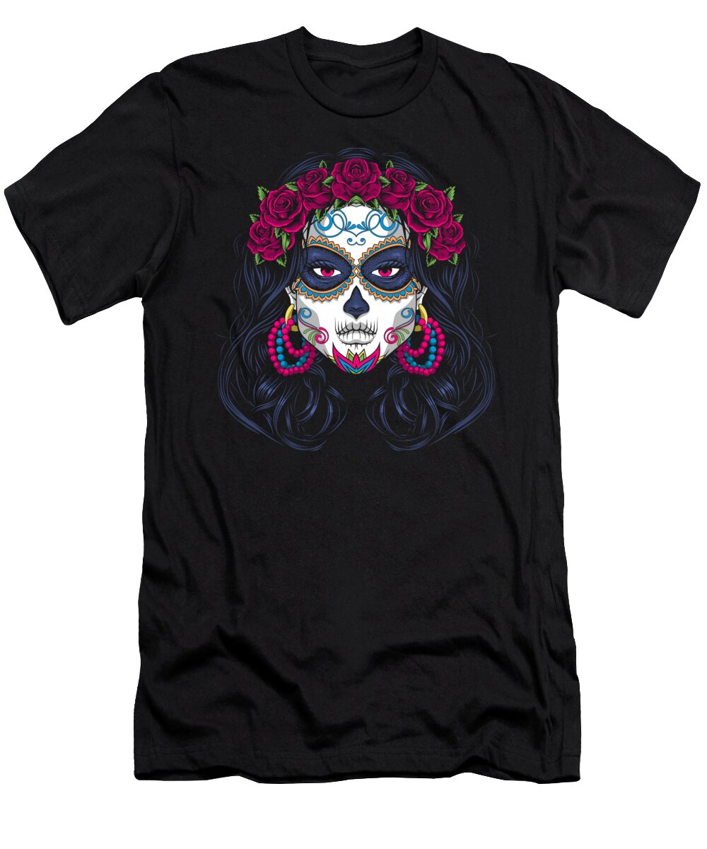 Day Of The Dead T-Shirt featuring the digital art Sugar Skull Lady La Calavera Catrina Santa Muerte by Mister Tee