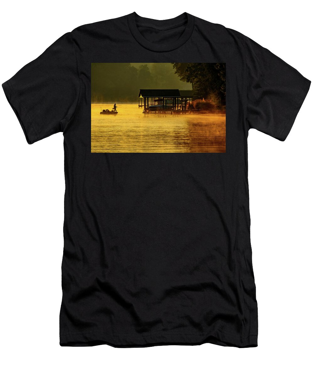 Smith Mountain Lake T-Shirt featuring the photograph Sunrise Fisherman by Deb Beausoleil