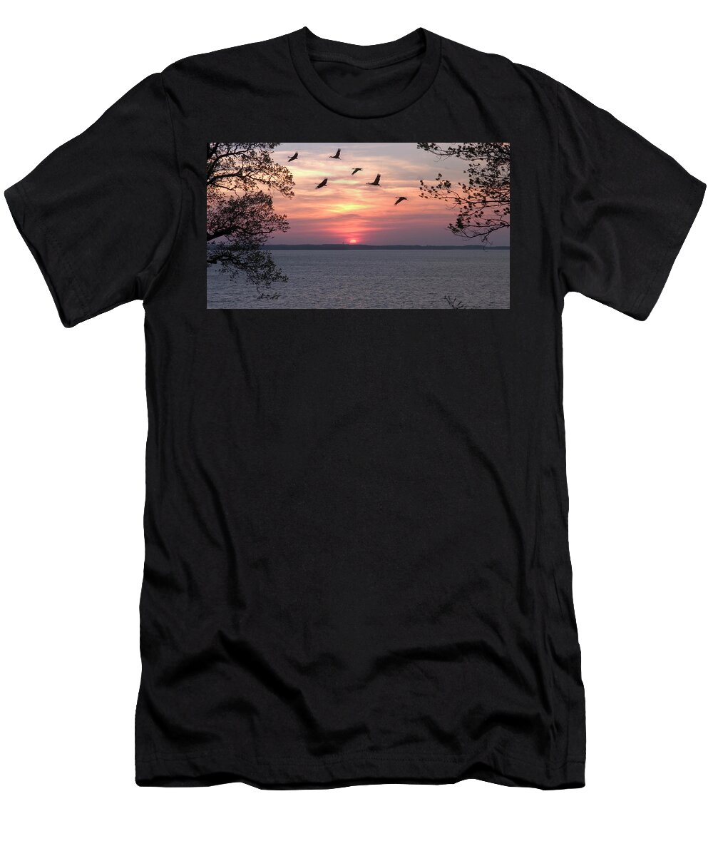 Birds T-Shirt featuring the photograph Sunset and Birds at Kentucky Lake by James C Richardson