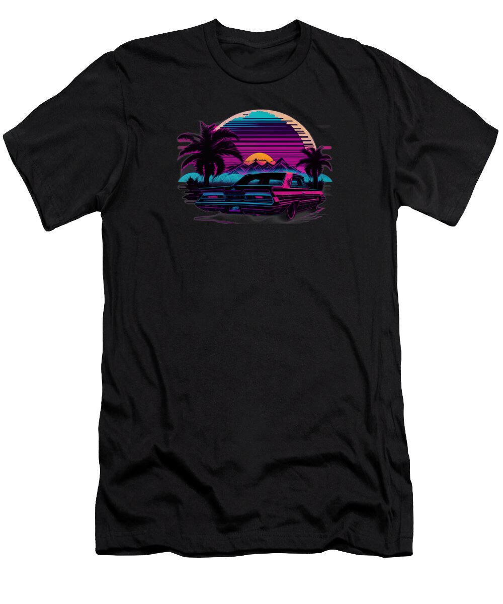 Synthwave T-Shirt featuring the digital art Sunset and car by Quik Digicon Art Club