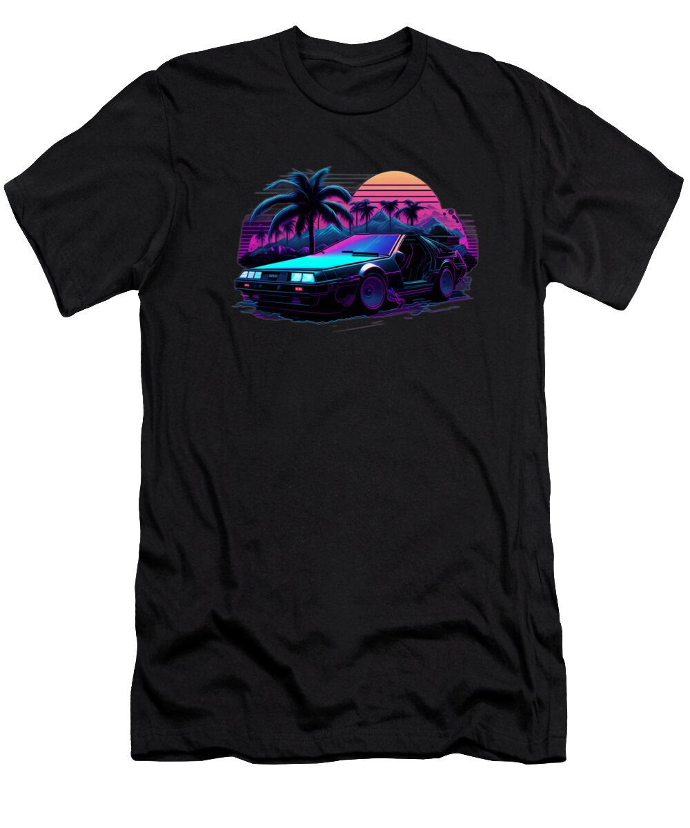 Synthwave T-Shirt featuring the digital art Sunset and Delorean by Quik Digicon Art Club