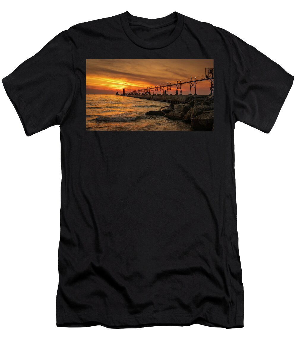 Grand Haven T-Shirt featuring the digital art Sunset at Grand Haven Lighthouse by Kevin McClish