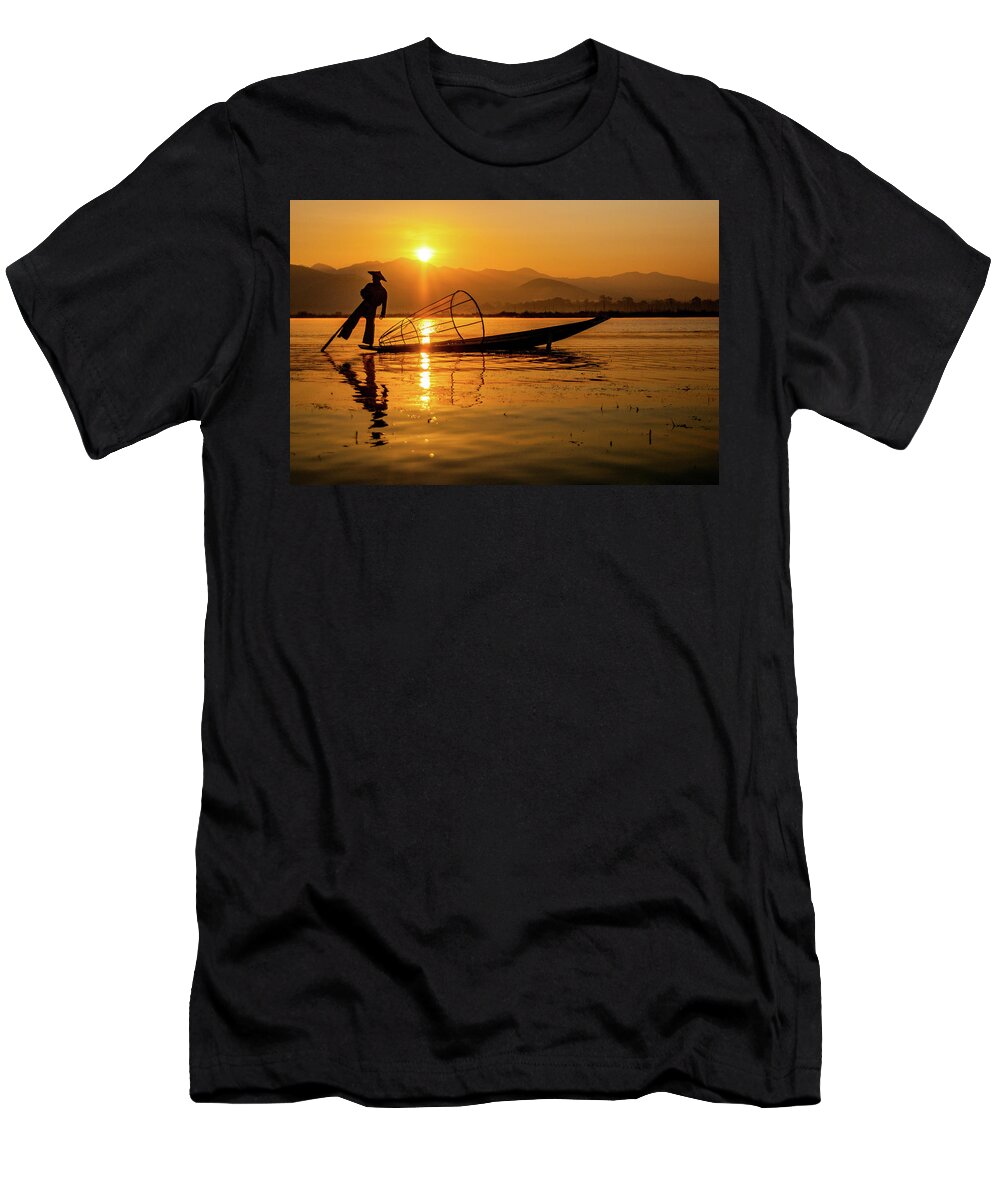 Inlelake T-Shirt featuring the photograph Sunset at Inle Lake by Arj Munoz