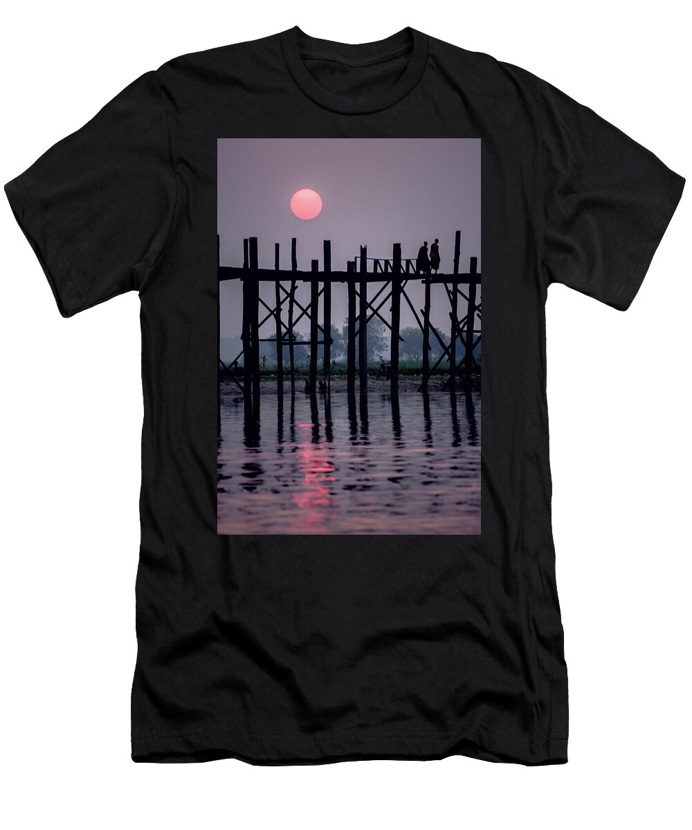 Mandalay T-Shirt featuring the photograph Sunset at U-Bein Bridge by Arj Munoz