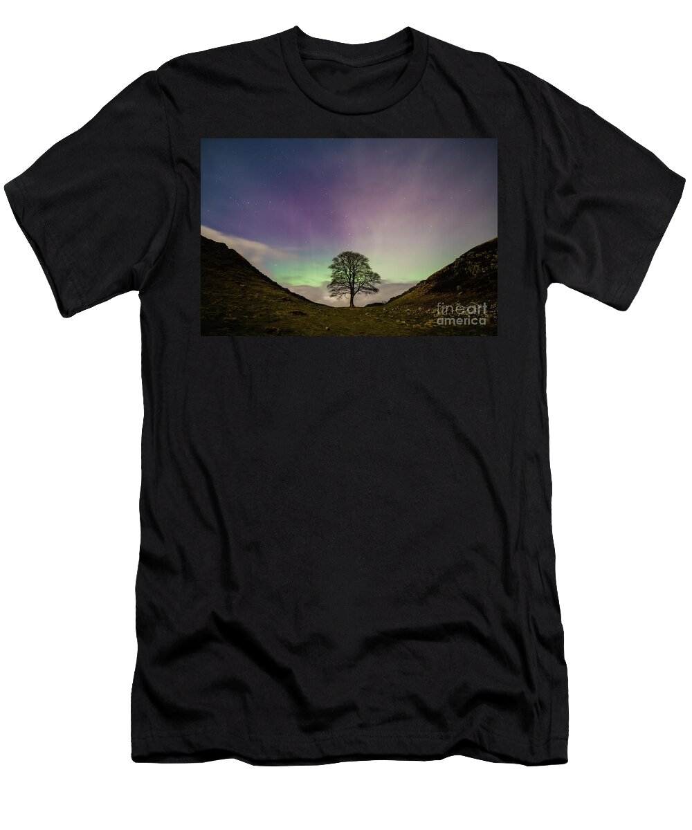 Aurora T-Shirt featuring the photograph Sycamore Gap Aurora by Nigel Wilkins