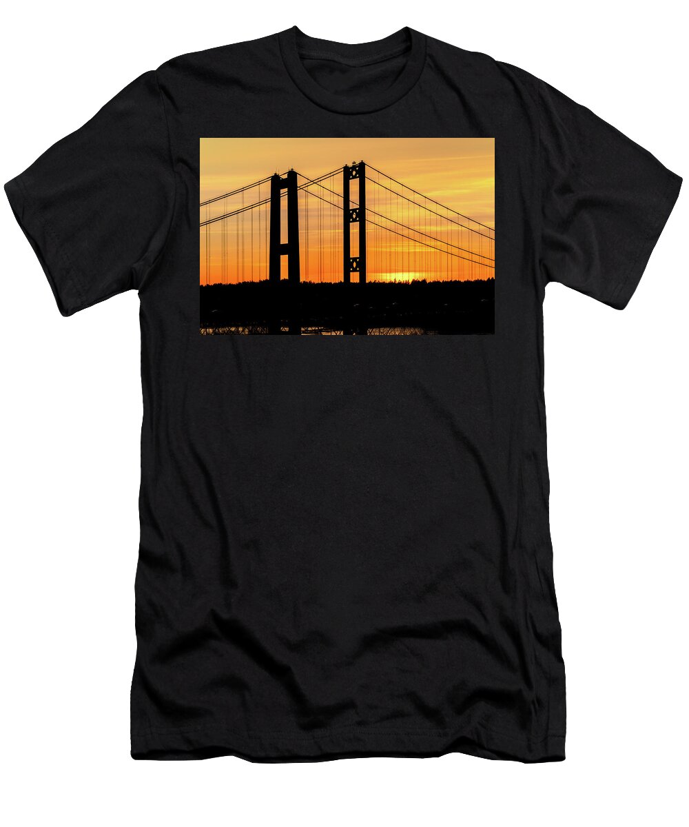 Tacoma T-Shirt featuring the photograph Tacoma Narrows Bridges Fiery Sunset by Rob Green