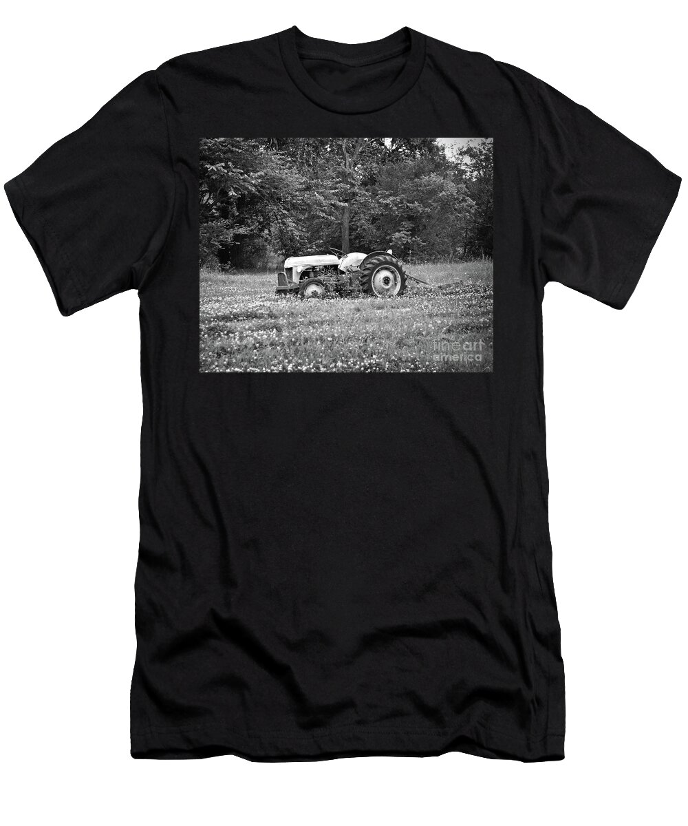 Texas T-Shirt featuring the photograph Texas Forgotten - Spring Tractor BW by Chris Andruskiewicz