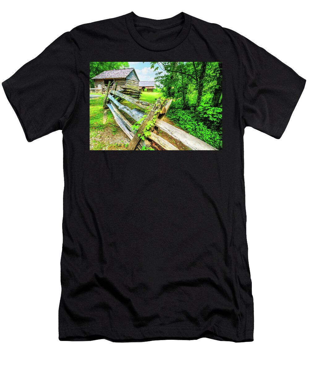 Barns T-Shirt featuring the photograph The Cabins and Cantilever Barn at Cades Cove Townsend Tennessee by Debra and Dave Vanderlaan