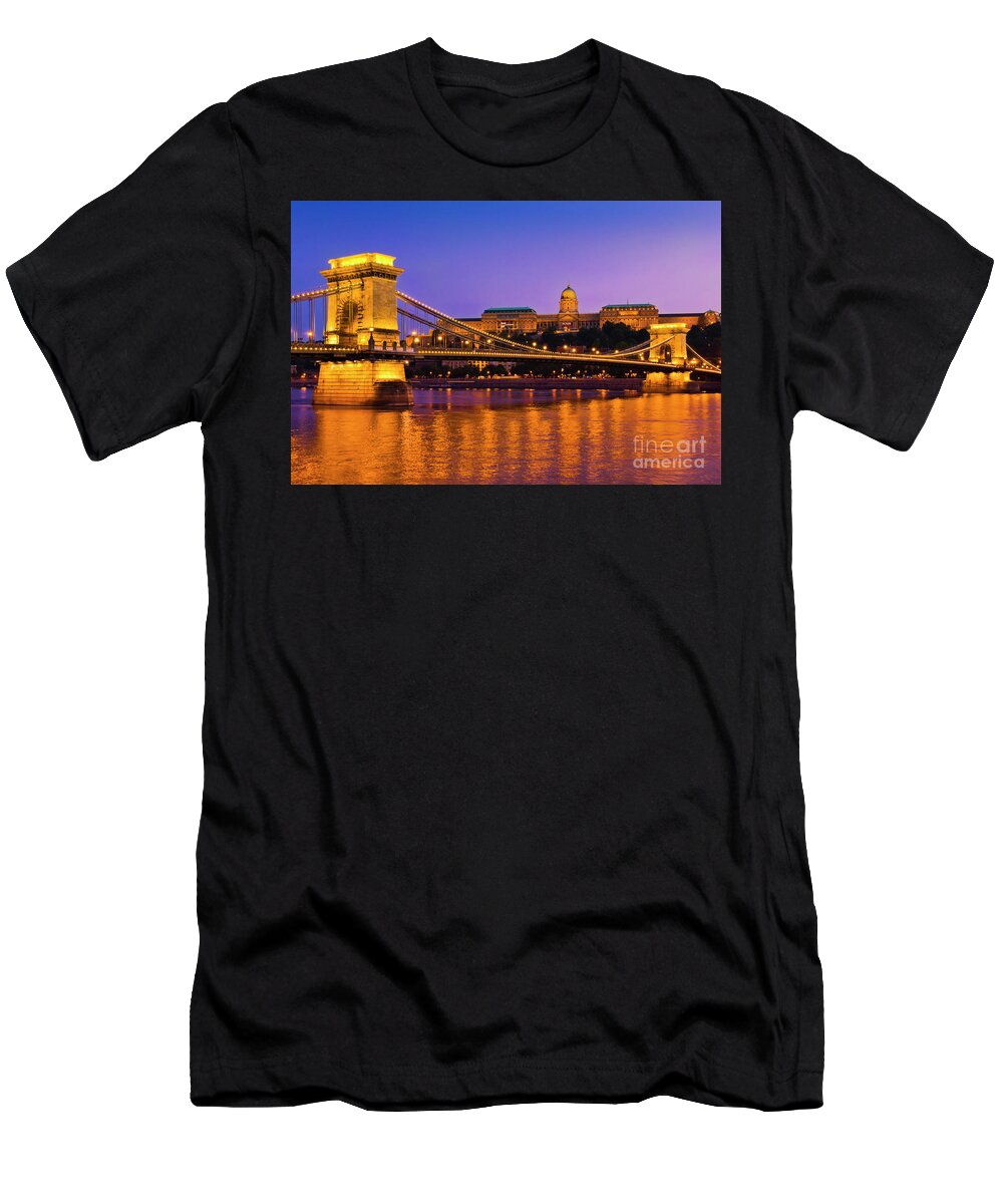 Budapest Chain Bridge T-Shirt featuring the photograph The Chain Bridge over the river Danube with the Hungarian National Gallery, Budapest, Hungary by Neale And Judith Clark