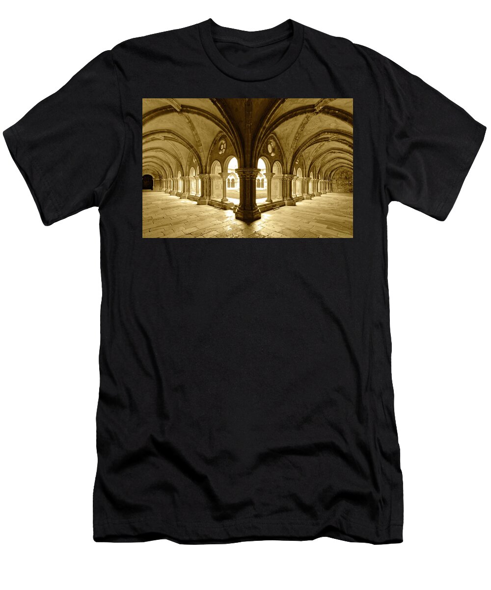 Cloister T-Shirt featuring the photograph The Cloisters of the Old Coimbra Cathedral - Sepia by Brian Shaw