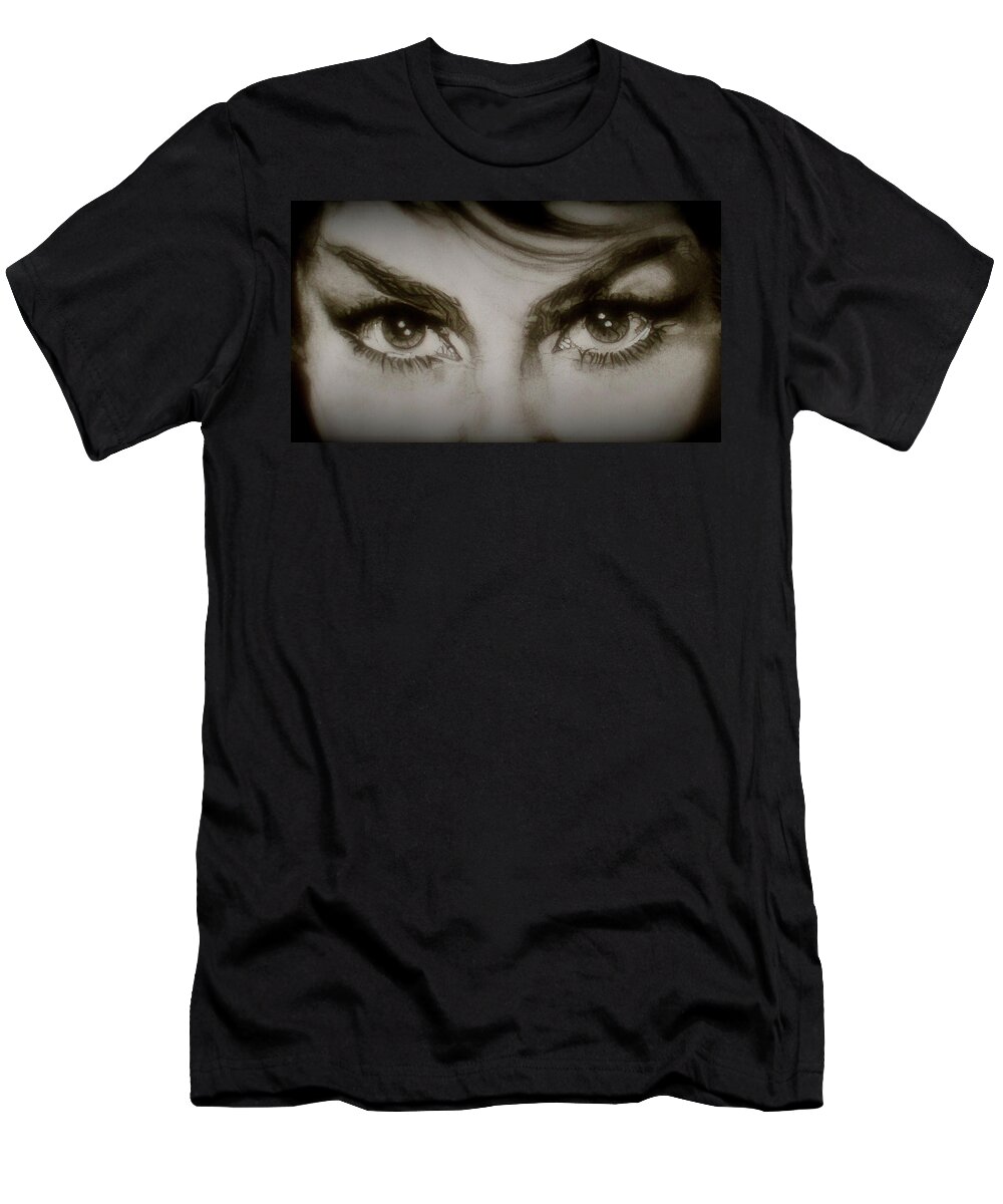 Charcoal Pencil On Paper T-Shirt featuring the drawing Gina Lollobrigida's Eyes - detail by Sean Connolly