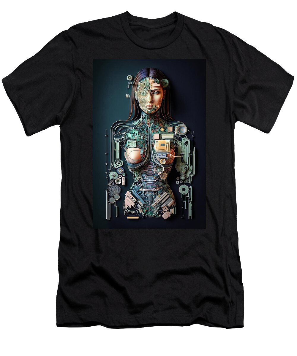 Cyborg T-Shirt featuring the digital art The Future of AI 02 Robot Woman by Matthias Hauser