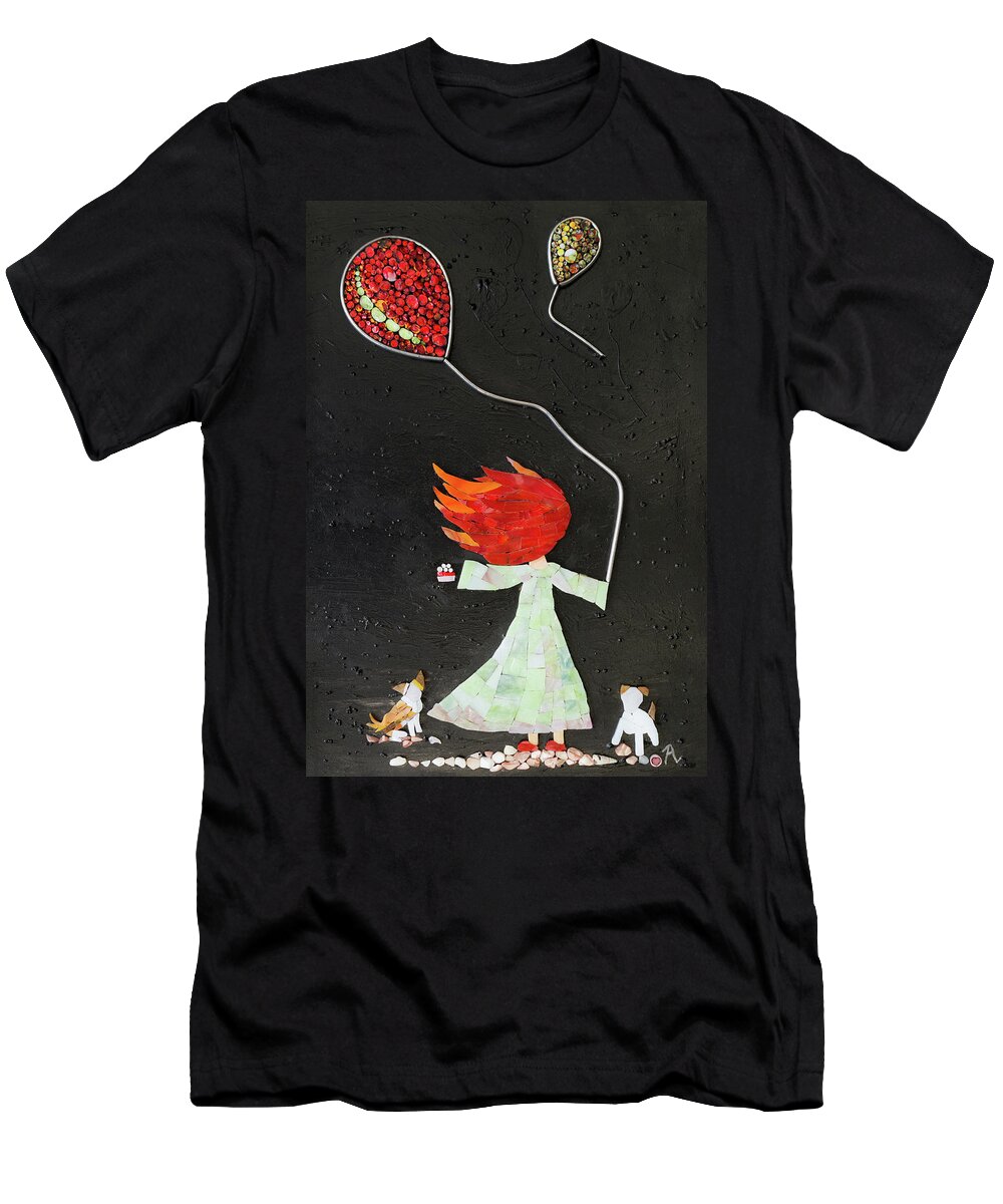 Girl T-Shirt featuring the glass art The girl with two balloons and two small dogs by Adriana Zoon