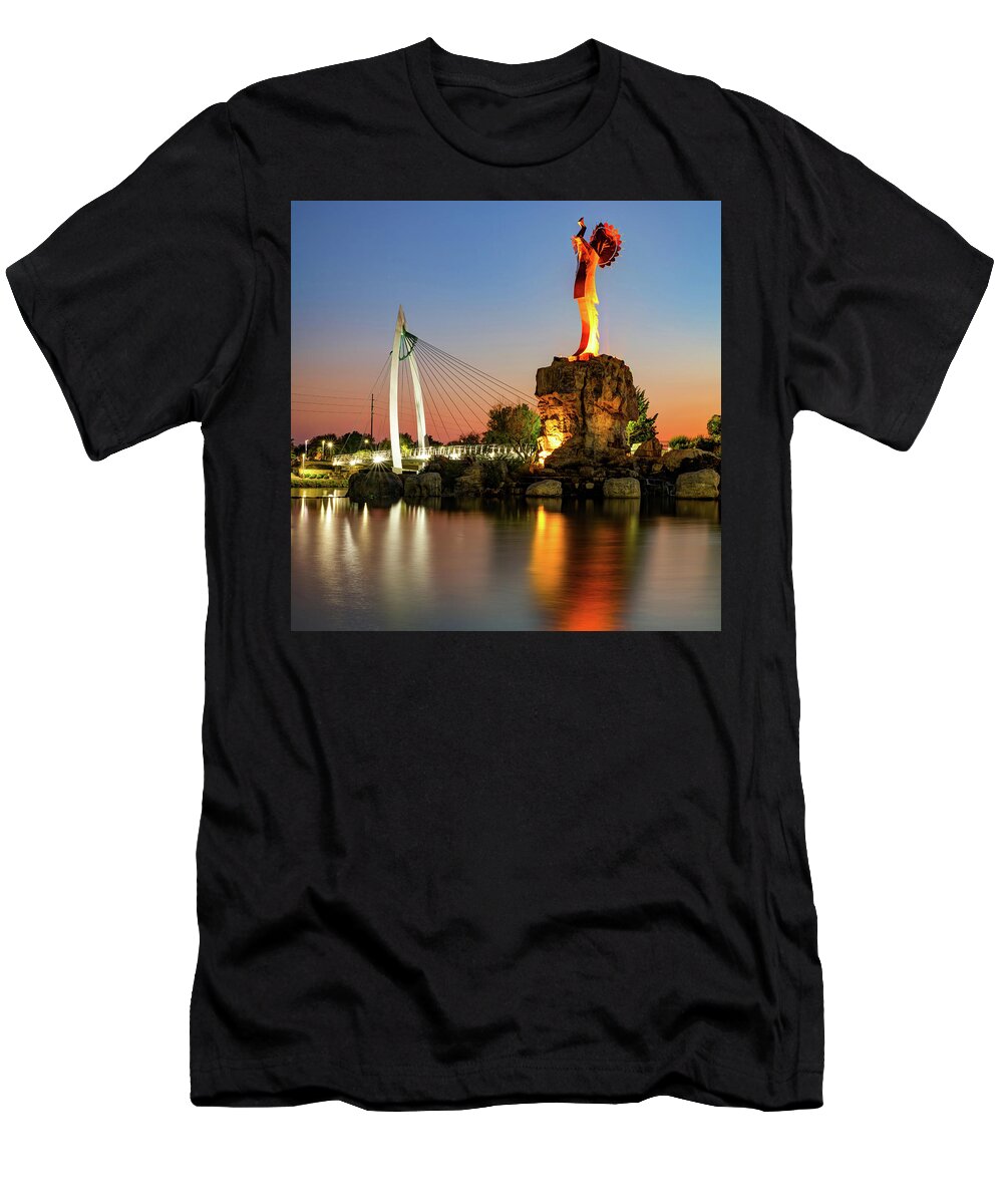 Wichita Kansas T-Shirt featuring the photograph The Keeper of The Plains Statue In Wichita Kansas At Dusk by Gregory Ballos