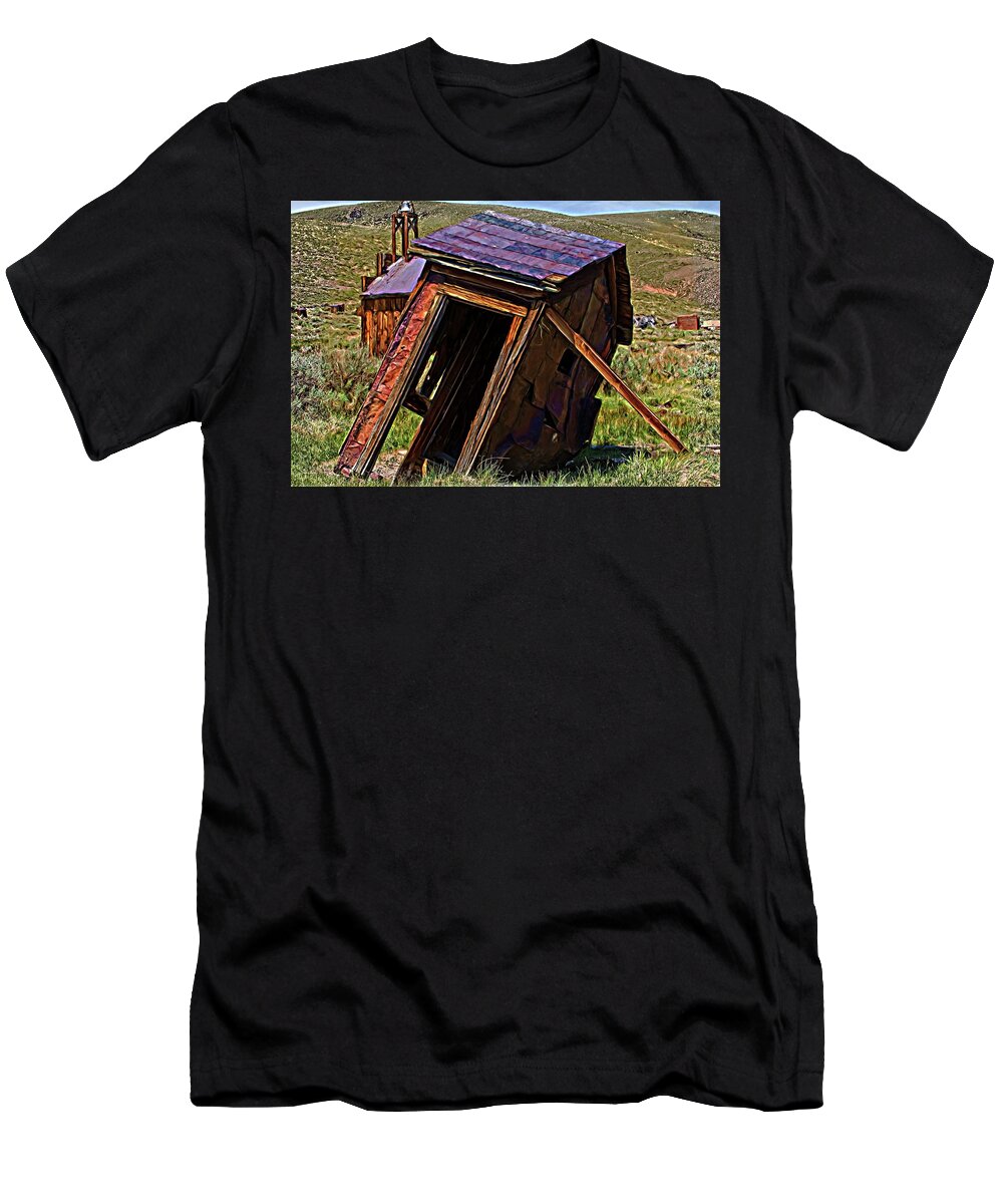 Abandoned T-Shirt featuring the digital art The Leaning Outhouse Of Bodie by David Desautel