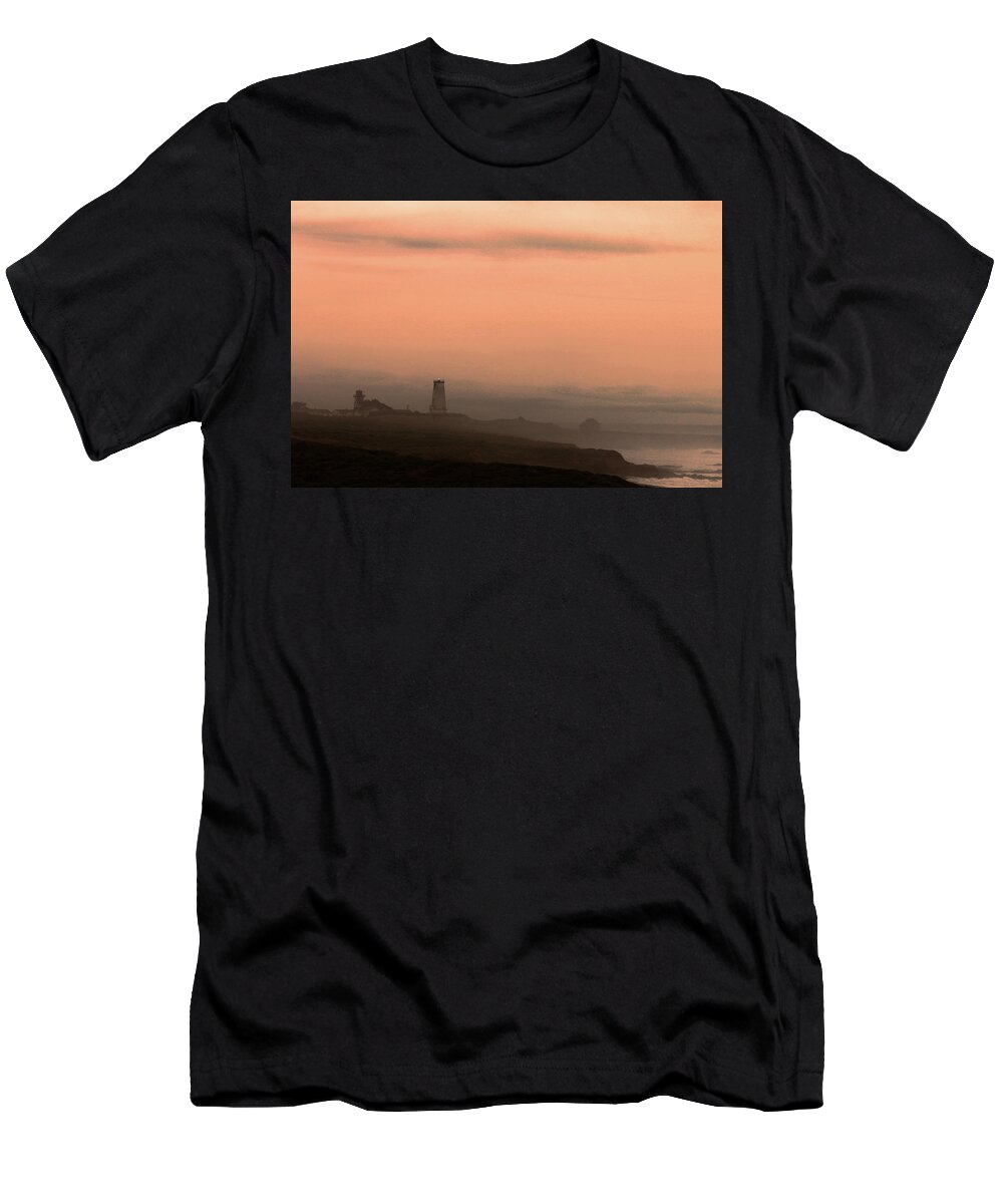 Lighthouse T-Shirt featuring the photograph The Light Shines Through Fog by Lorraine Devon Wilke