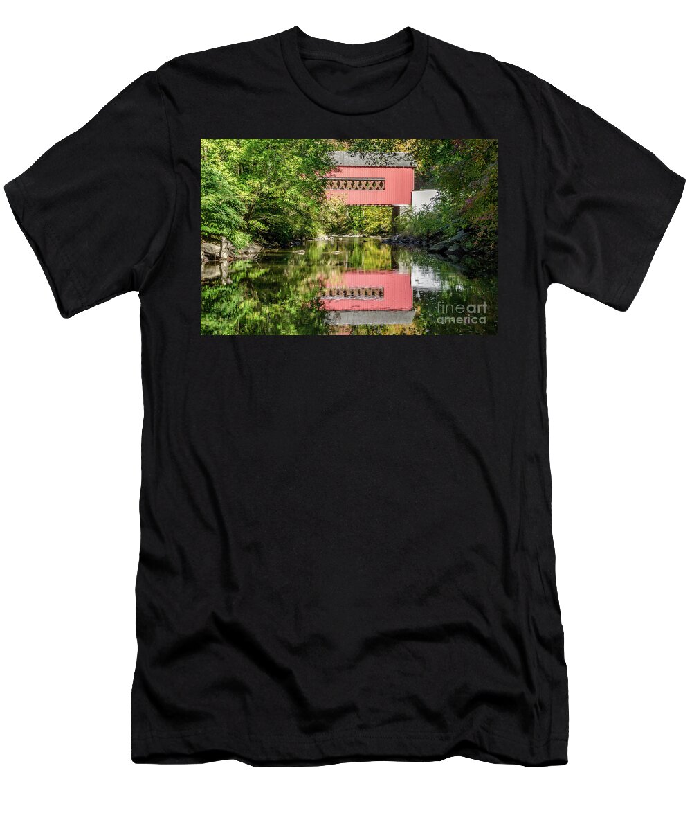 River T-Shirt featuring the digital art The Reflection of Wooddale Covered Bridge Rural Landscape Photograph by PIPA Fine Art - Simply Solid