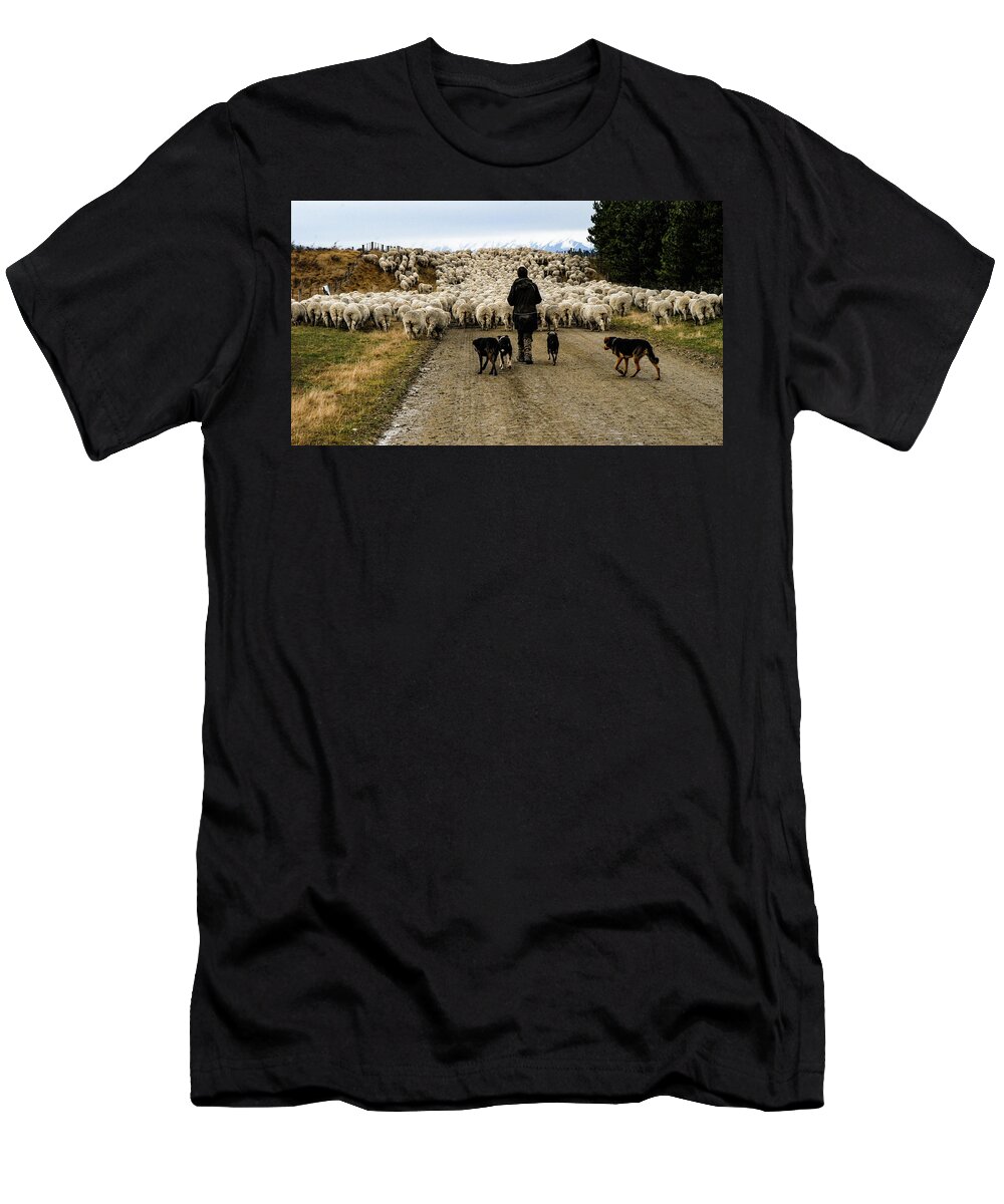 New Zealand T-Shirt featuring the photograph While Shepherds Watched - High Country Muster, South Island, New Zealand by Earth And Spirit