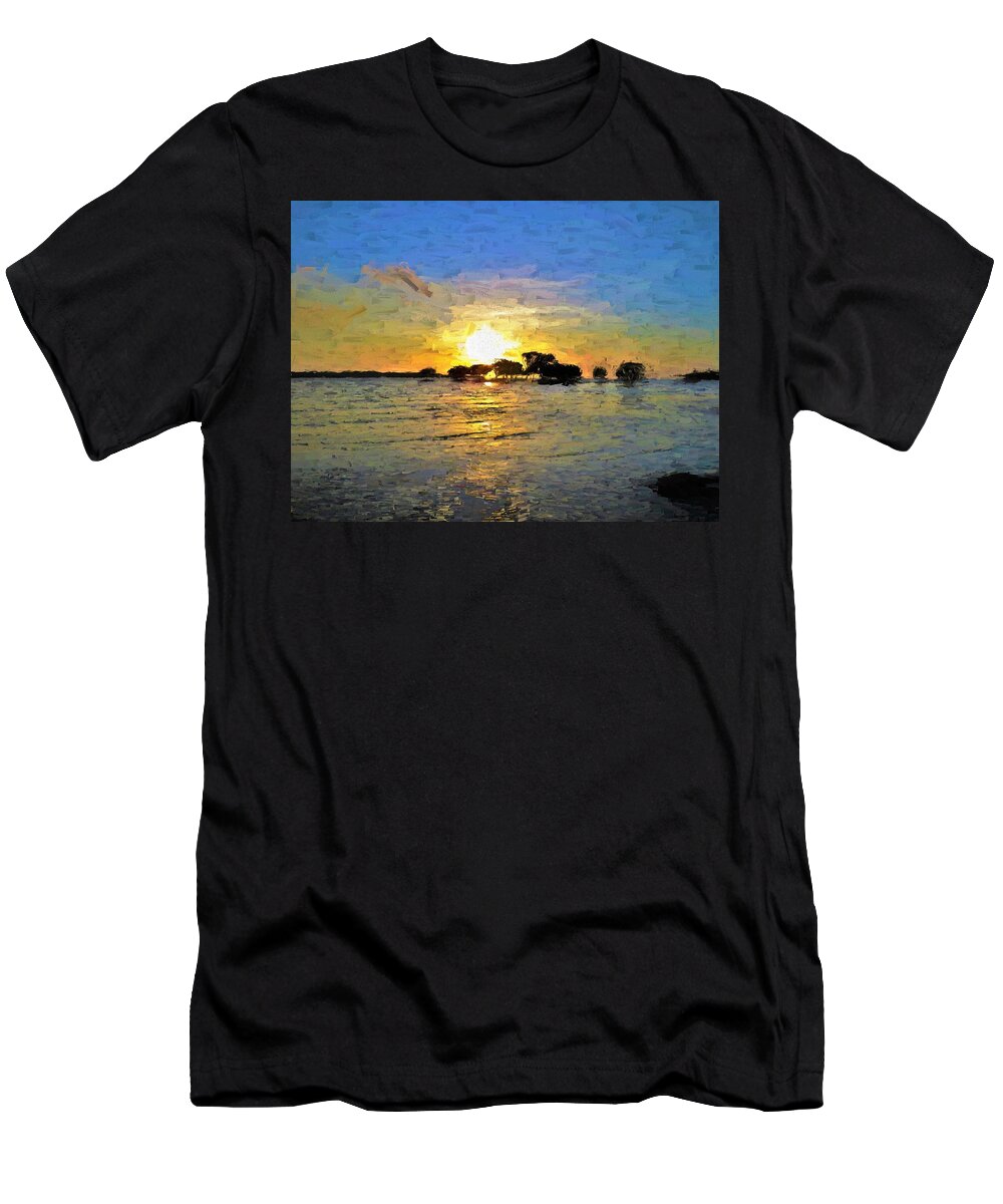 Modern Abstract Art T-Shirt featuring the digital art The Sun Reflects On Water Weipa Sunset Over Mangroves by Joan Stratton