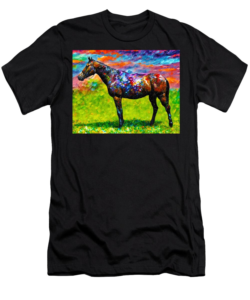 Thoroughbred T-Shirt featuring the digital art Thoroughbred horse on a pasture - colorful abstract painting by Nicko Prints