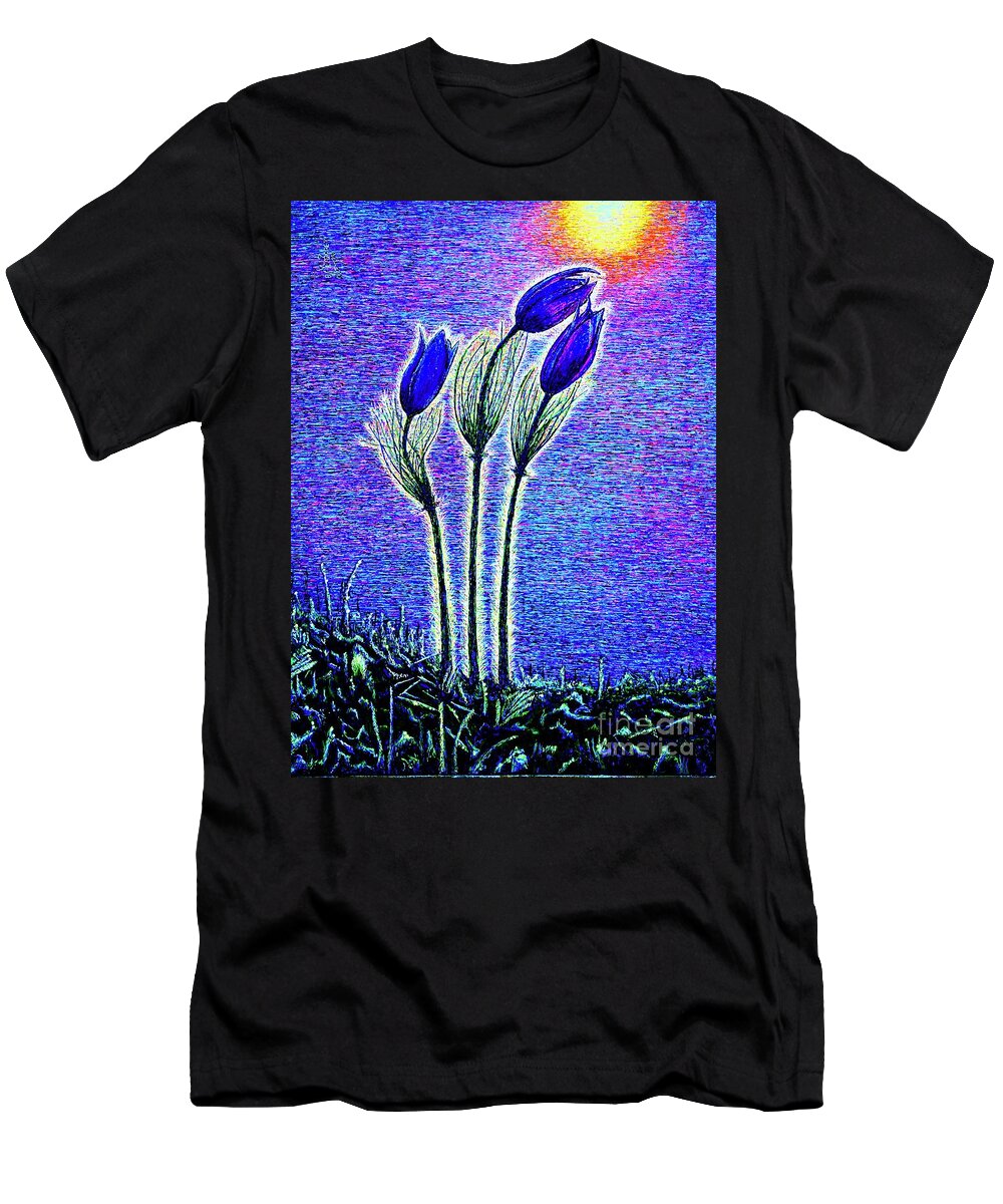 Three T-Shirt featuring the painting Three Flowers by Viktor Lazarev