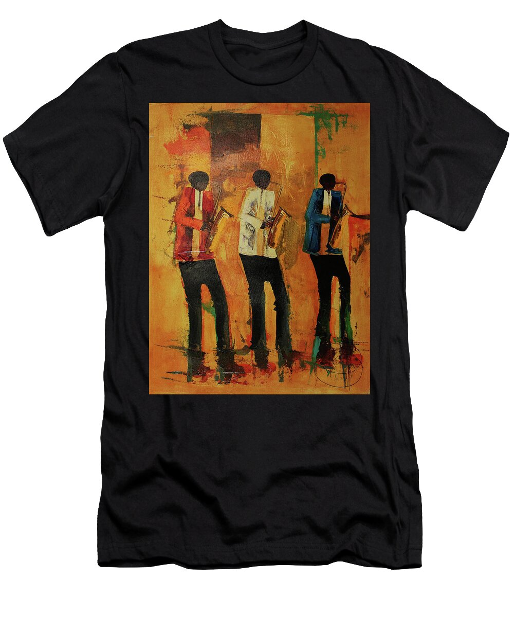  T-Shirt featuring the painting Three Saxo's In Time by Ndabuko Ntuli