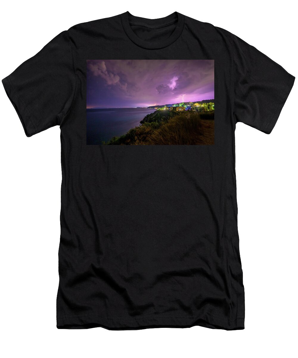 Thunderstorm T-Shirt featuring the photograph Thunderstorm over a Village on the Seashore by Alexios Ntounas